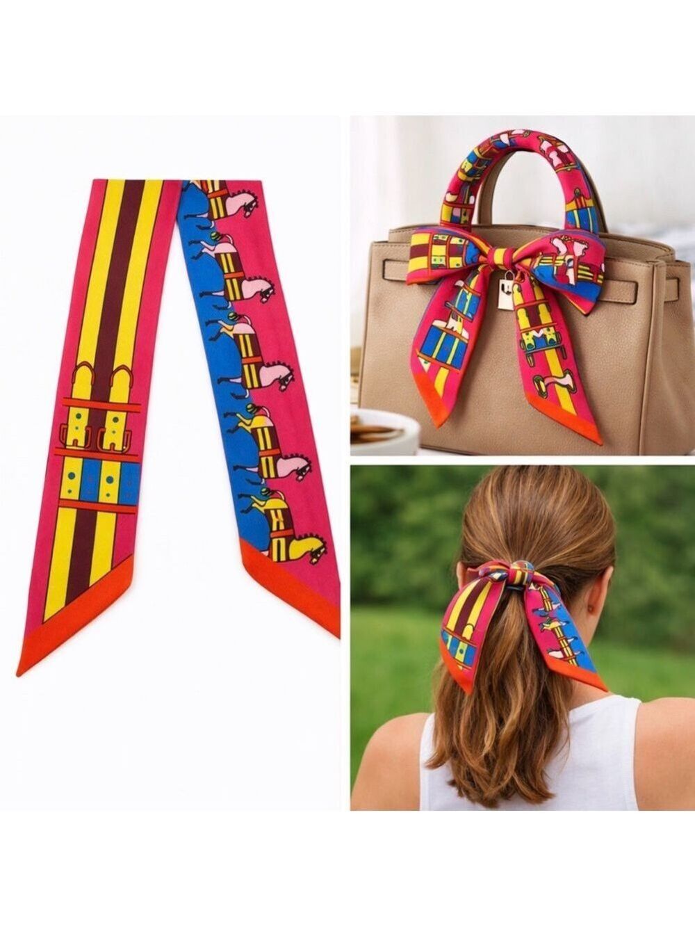 HOT PINK COLORFUL EQUESTRIAN SKINNY SCARF BAG HANDLE WRAP HAIR TIE NECK BANDEAU